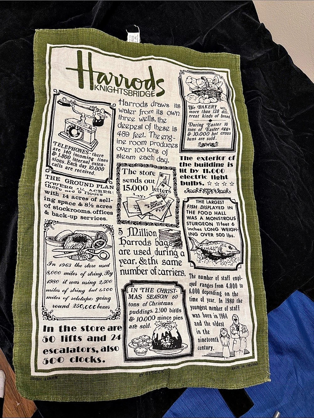 1980 Harrods Knightsbridge Facts Irish Linen Tea Towel Linen Tea Towel Green & W